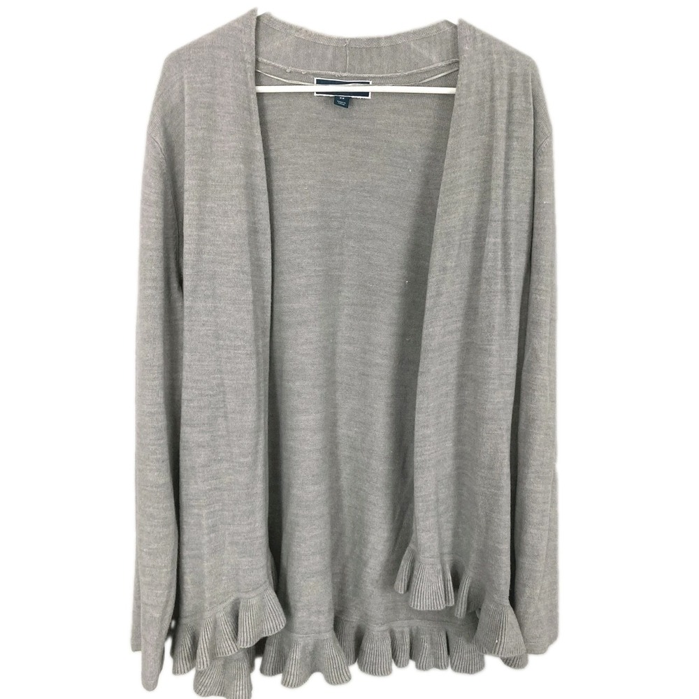 Karen Scott Cardigan Sweater Women 2X Gray Open Ruffle Hem Lightweight Knit EUC